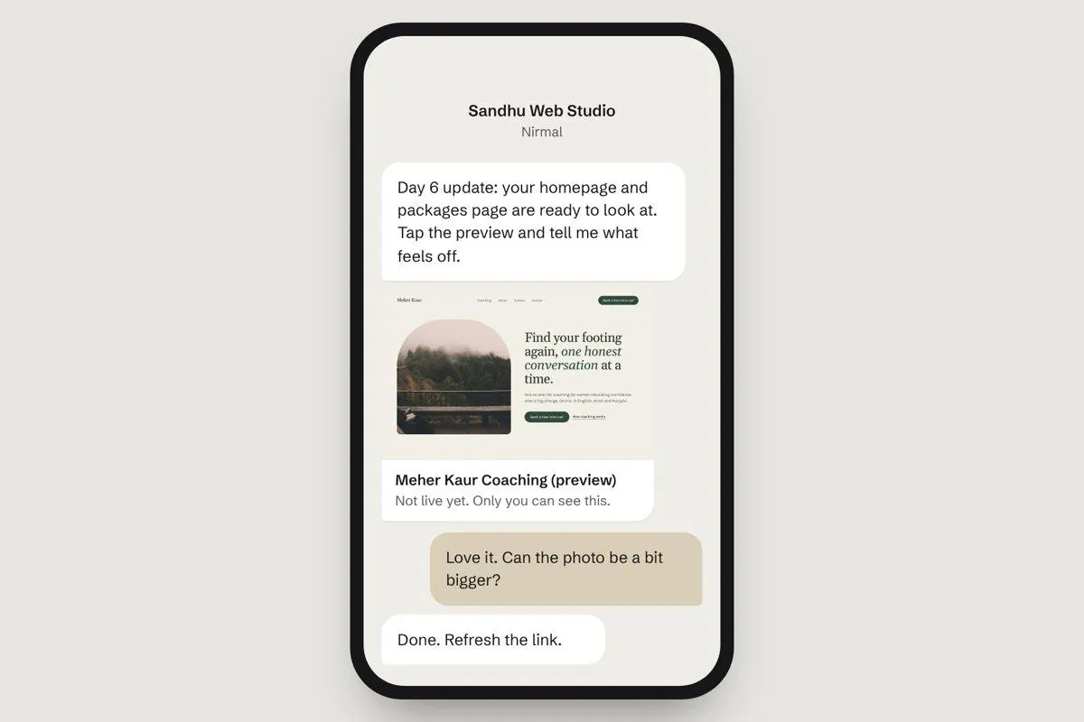 Sample WhatsApp progress update with a preview link