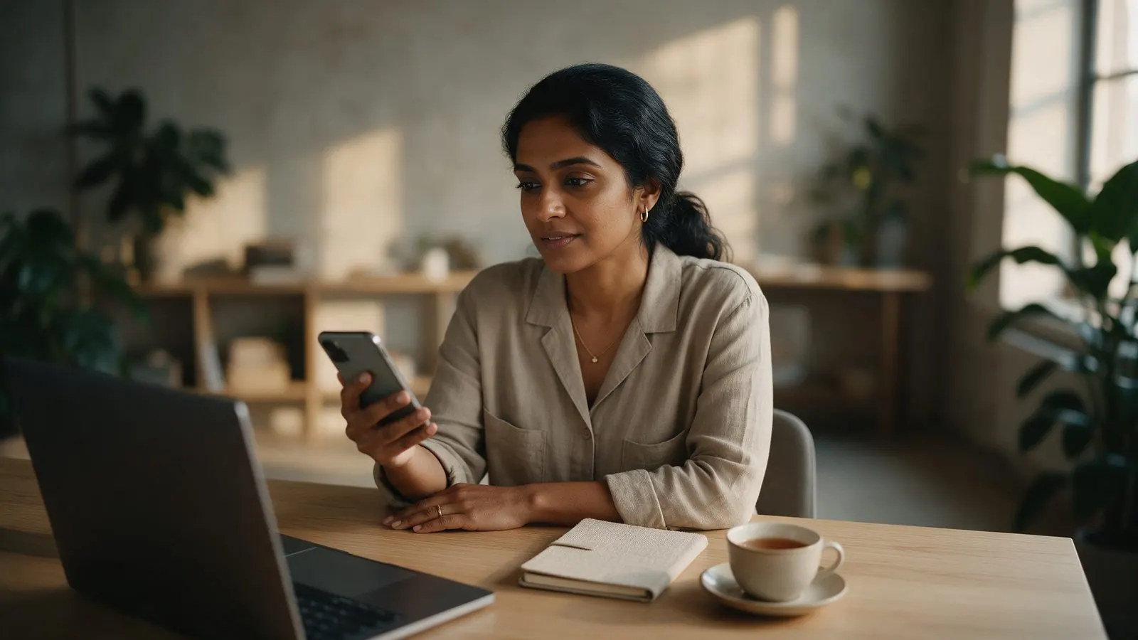 A counsellor at her desk updating her website from her phone