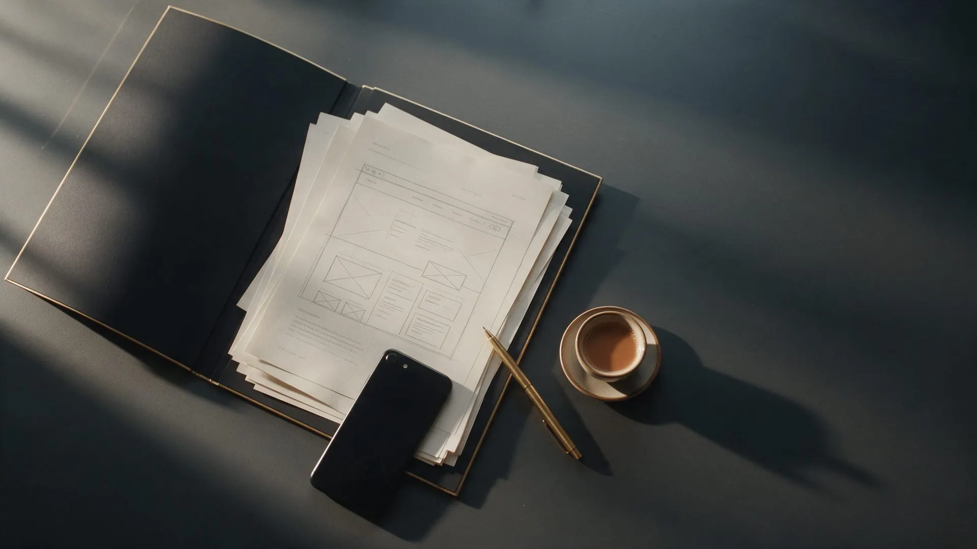 An open black folder with project sheets and a homepage sketch on a dark desk